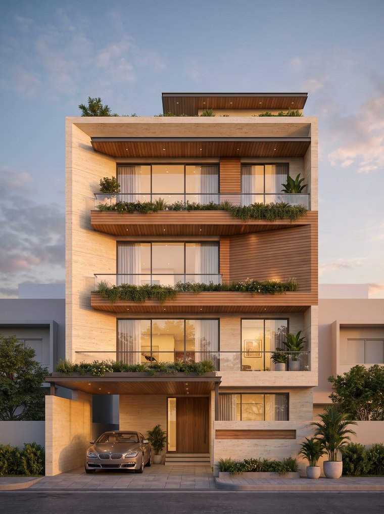 Concept villa elevation — warm travertine, evening light