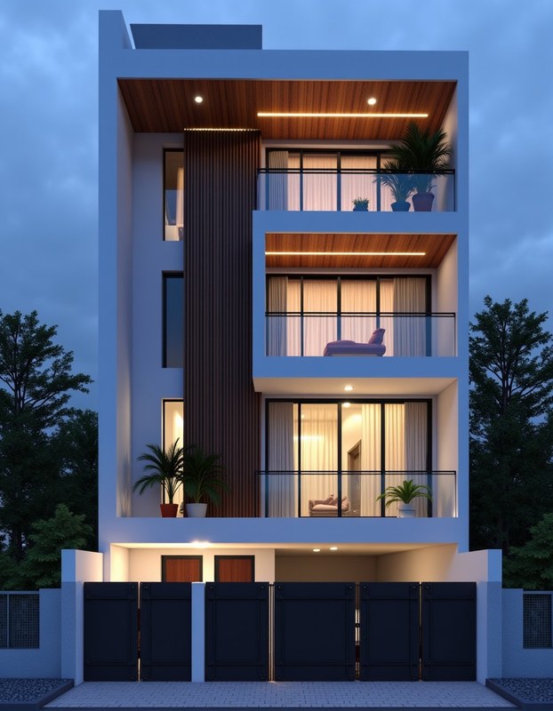 Contemporary Minimalist — Slim Vertical — Stilt+3 front elevation design for a up to 28 ft frontage Indian home