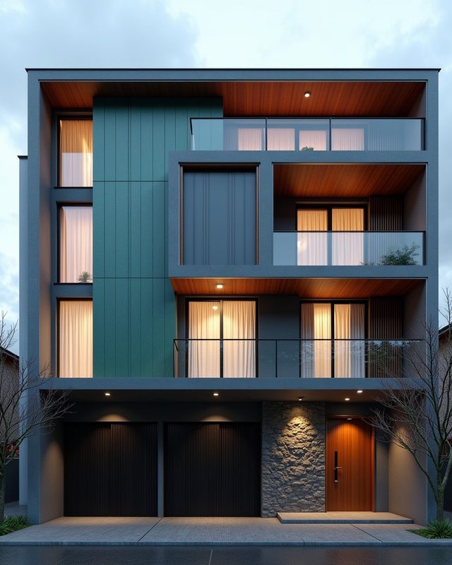Corten Steel Residence — Stilt+4 front elevation design for a 42 ft and above frontage Indian home