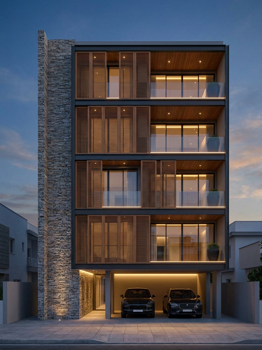 Wood Louver & Stone Spine — Stilt+4 front elevation design