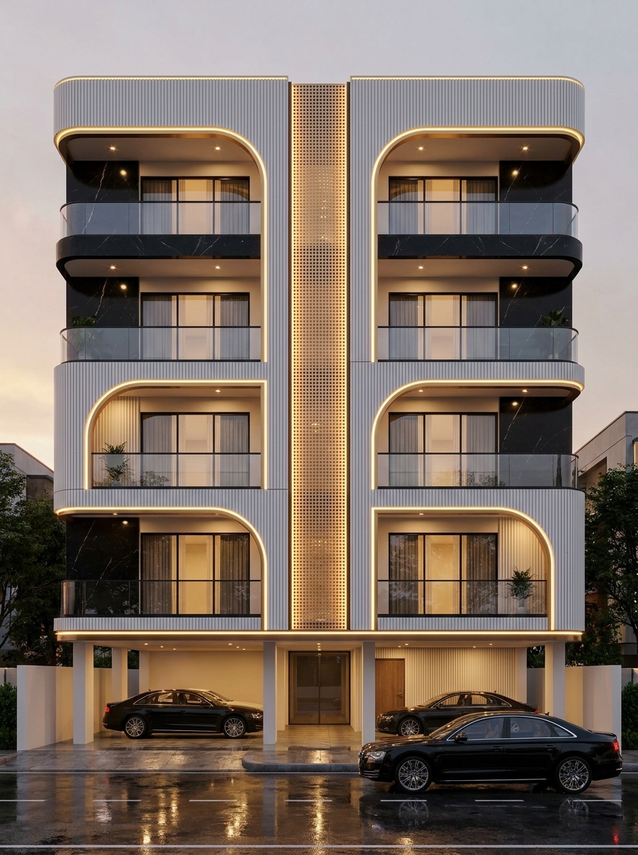 Fluted Marble Coin Panel — Stilt+4 front elevation design