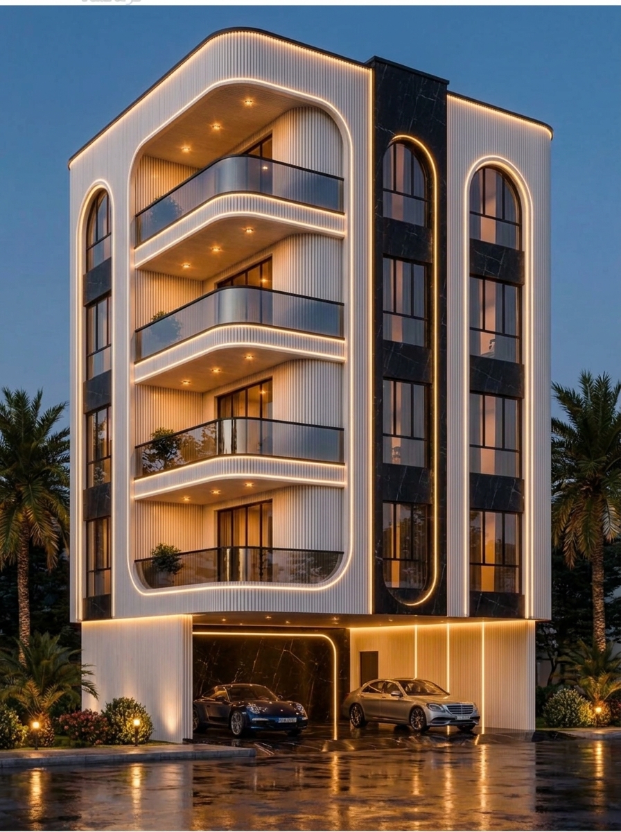 Fluted Marble Arch Corner — Stilt+4 front elevation design