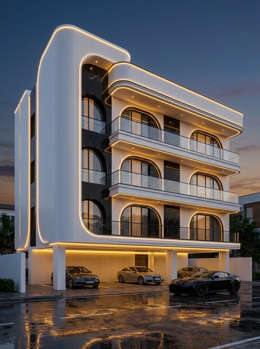 Curved Fluted Corner — Stilt+4 front elevation design