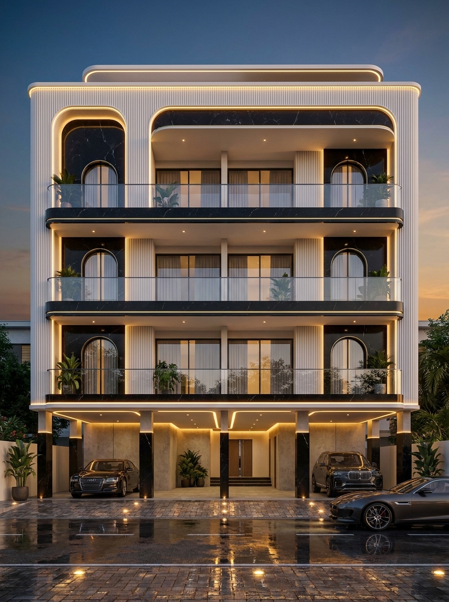 Marble & Gold Balcony — Stilt+4 front elevation design for a 29–41 ft frontage Indian home