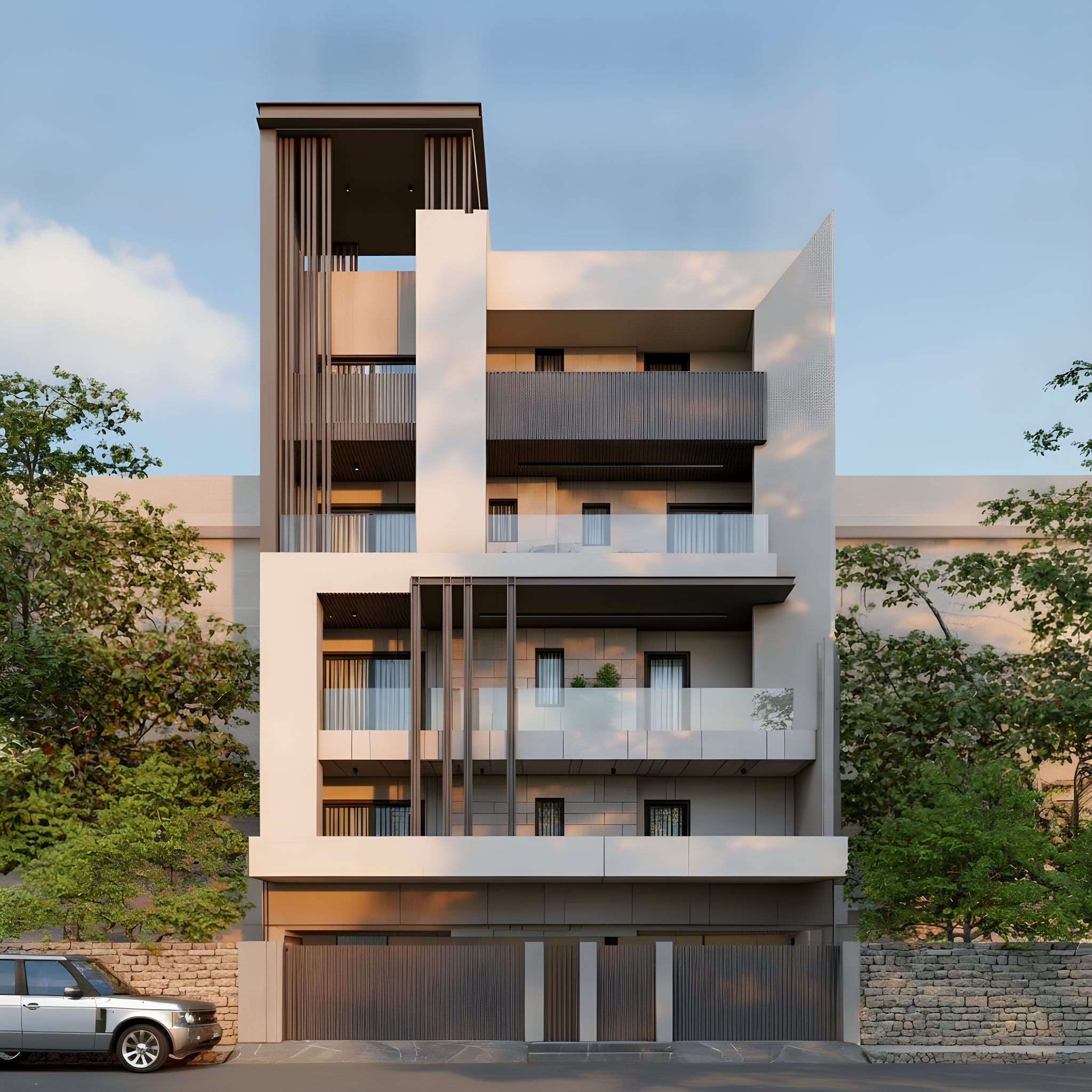 Split-Massing Contemporary — Stilt+4 front elevation design for a 29–41 ft frontage Indian home