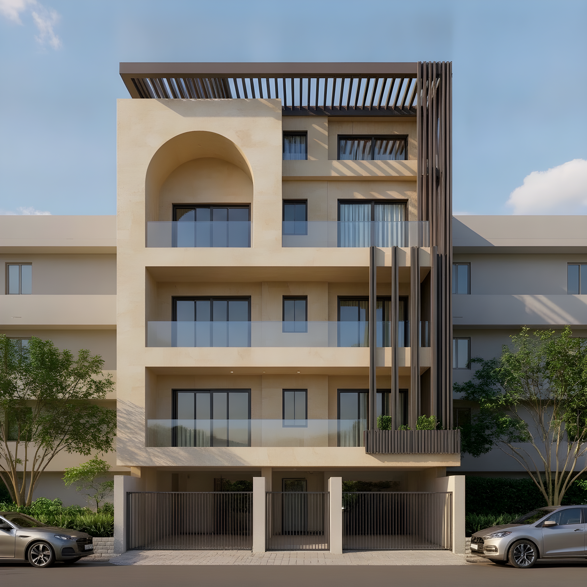 Arched Accent — Stilt+4 front elevation design for a 29–41 ft frontage Indian home