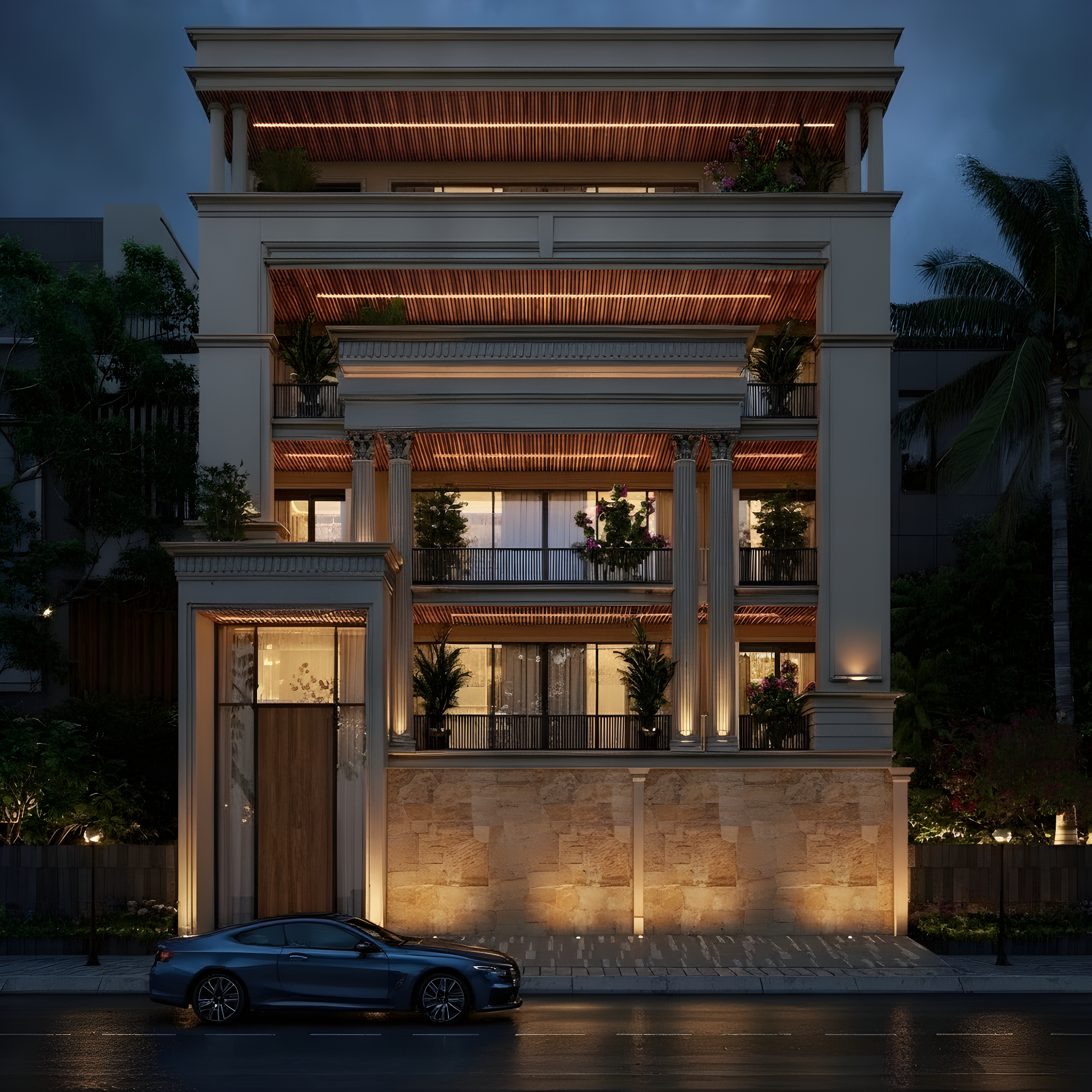 Classical Grand — Stilt+4 front elevation design for a 29–41 ft frontage Indian home