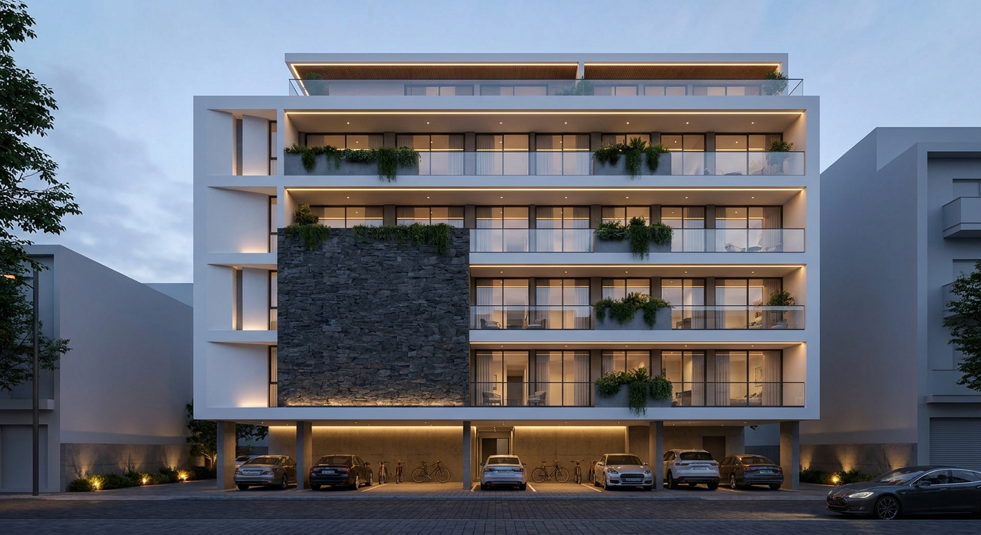 White Planar Stone — Stilt+4 front elevation design for a 29–41 ft frontage Indian home