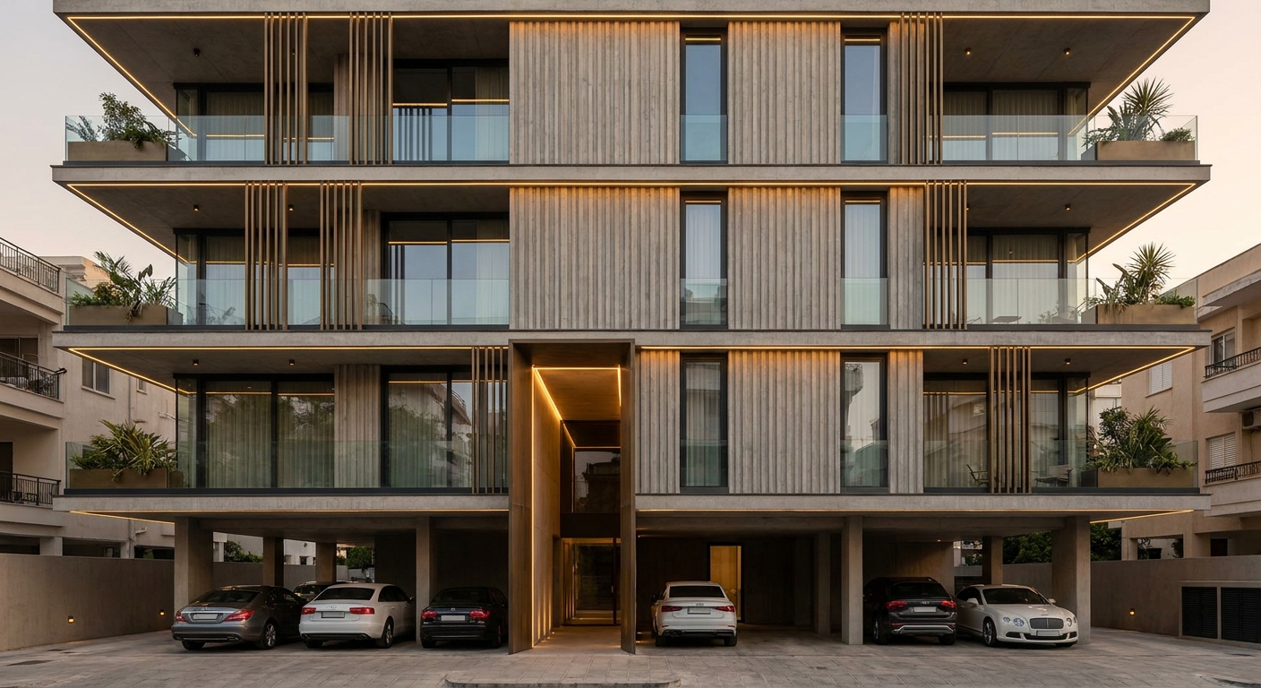 Fluted Concrete & Bronze — Stilt+4 front elevation design for a 29–41 ft frontage Indian home