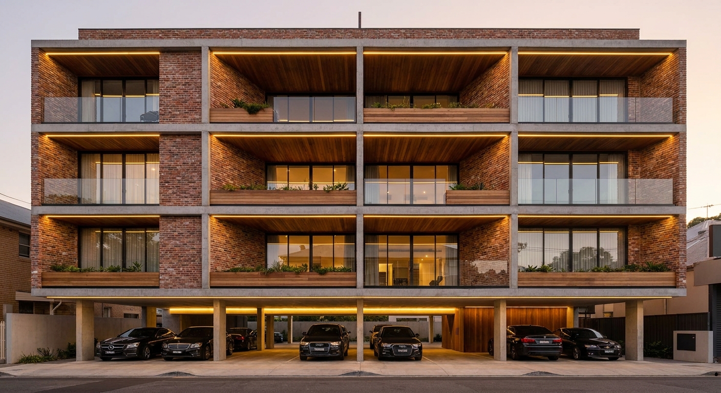 Brick, Concrete & Timber — Stilt+4 front elevation design for a 29–41 ft frontage Indian home