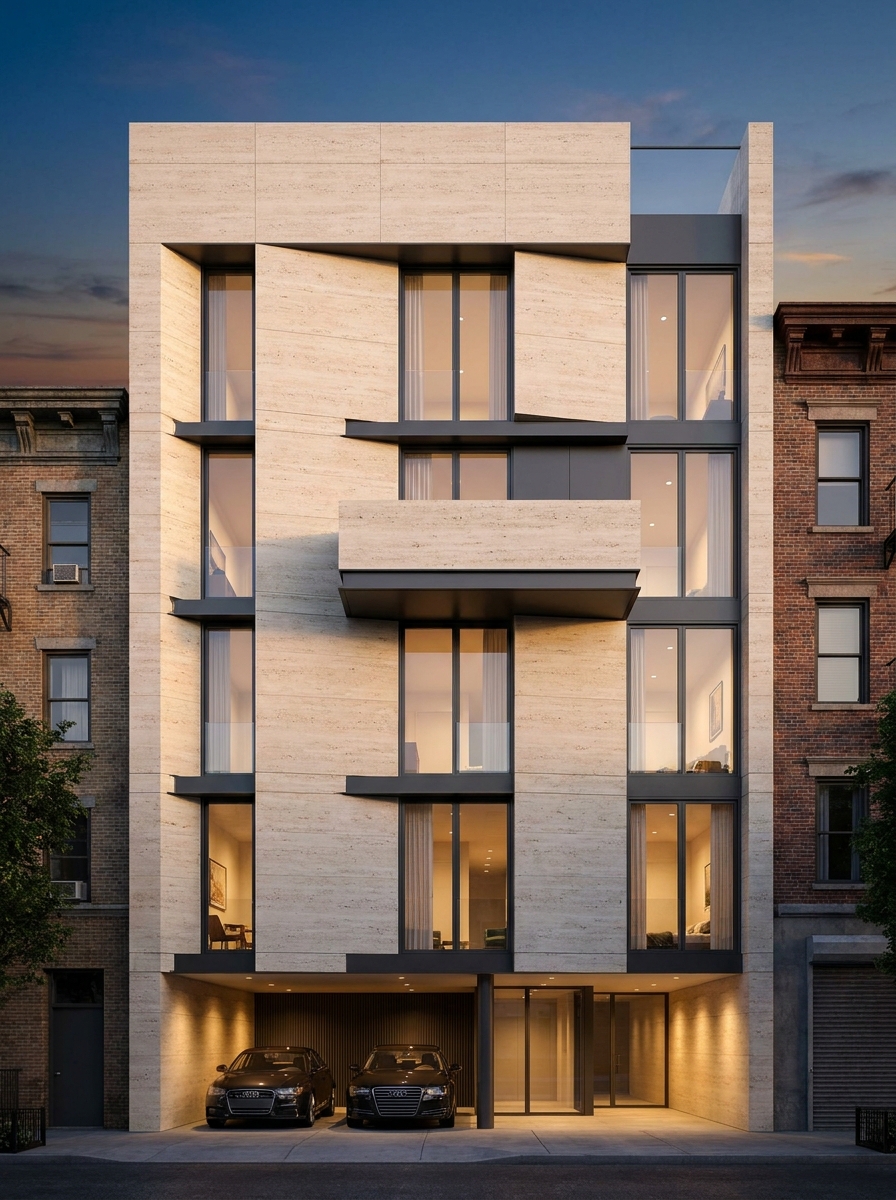 Travertine Cantilever — Stilt+4 front elevation design for a 29–41 ft frontage Indian home
