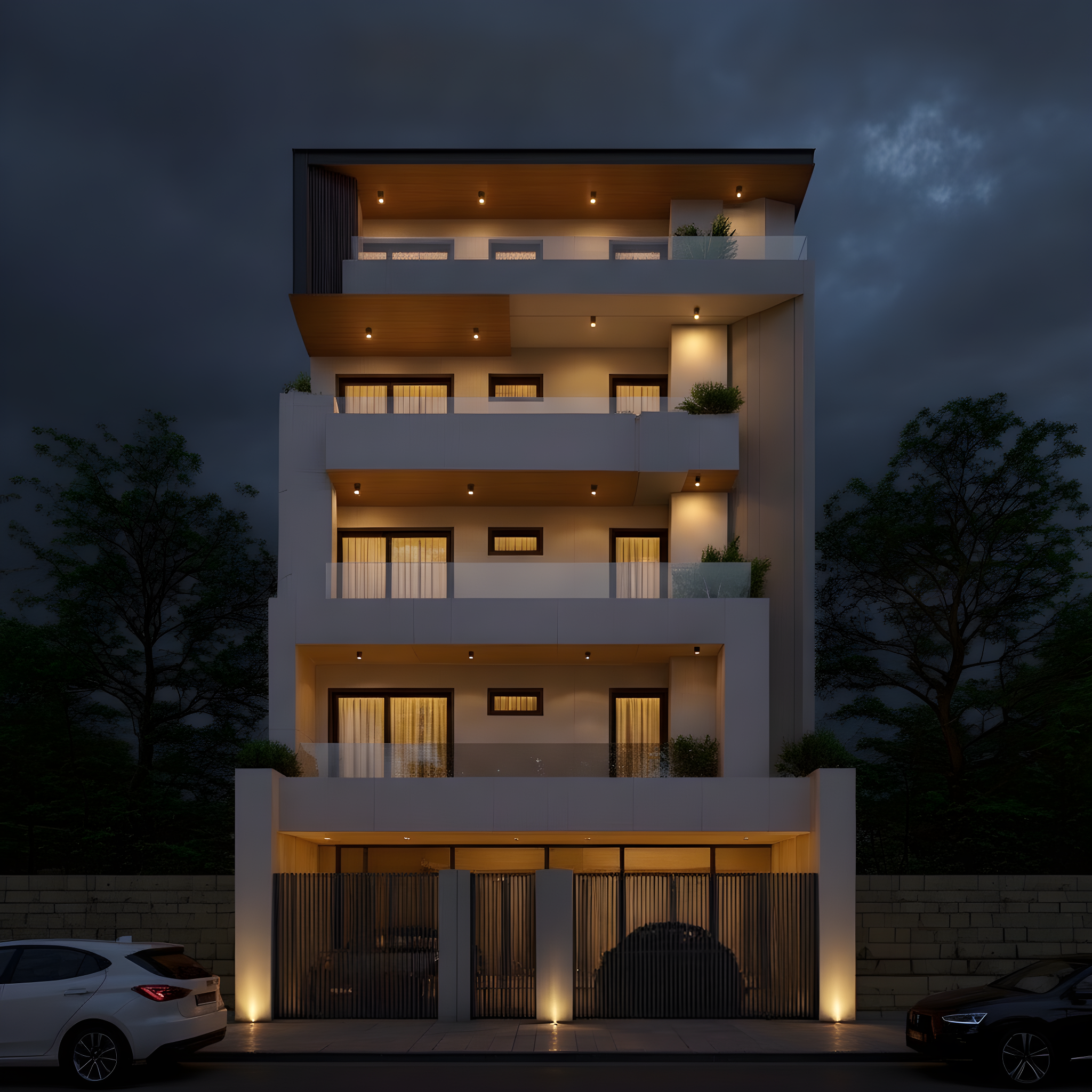 Wood-Clad Soffits — Stilt+4 front elevation design for a 29–41 ft frontage Indian home
