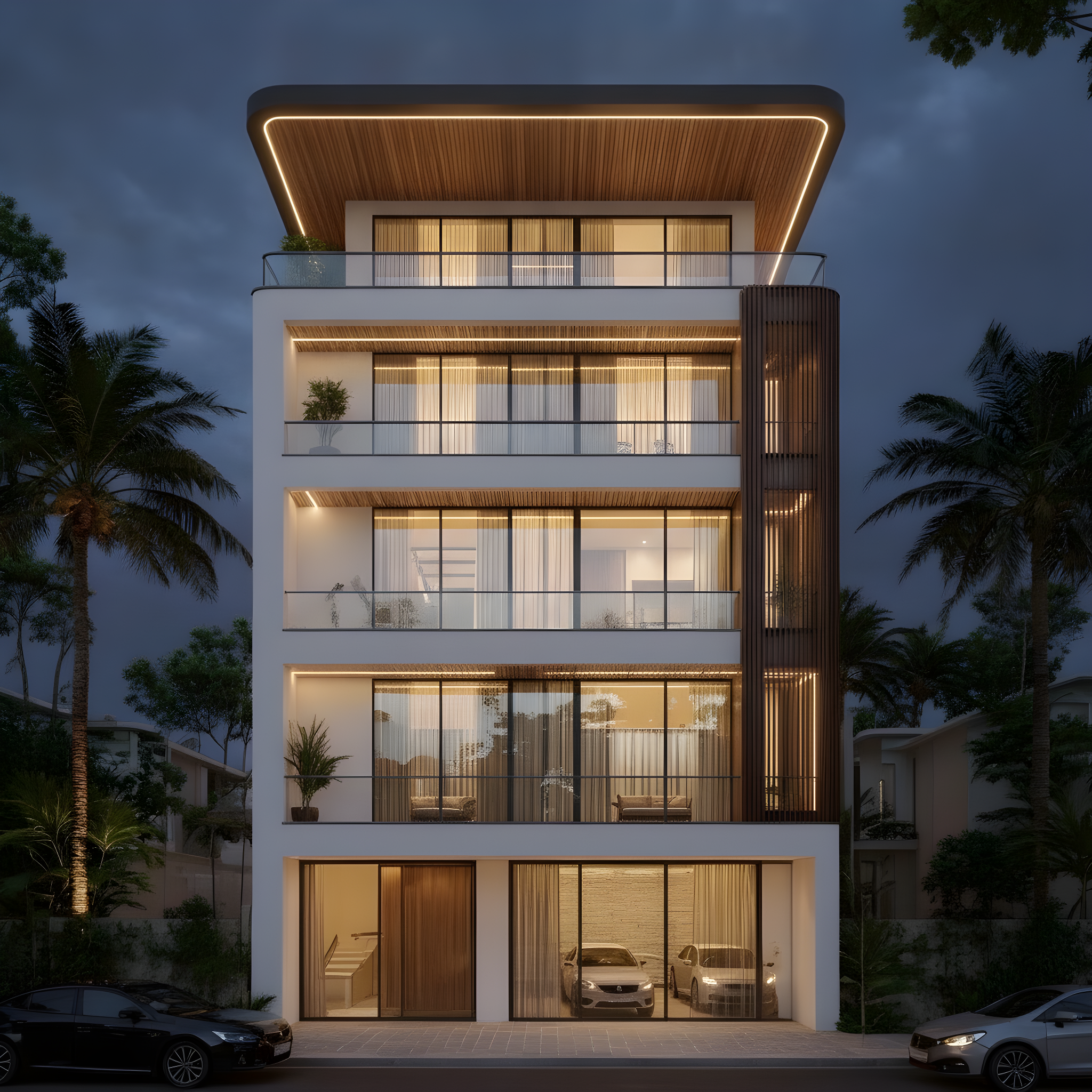 Modern Contemporary — Stilt+4 front elevation design for a 29–41 ft frontage Indian home