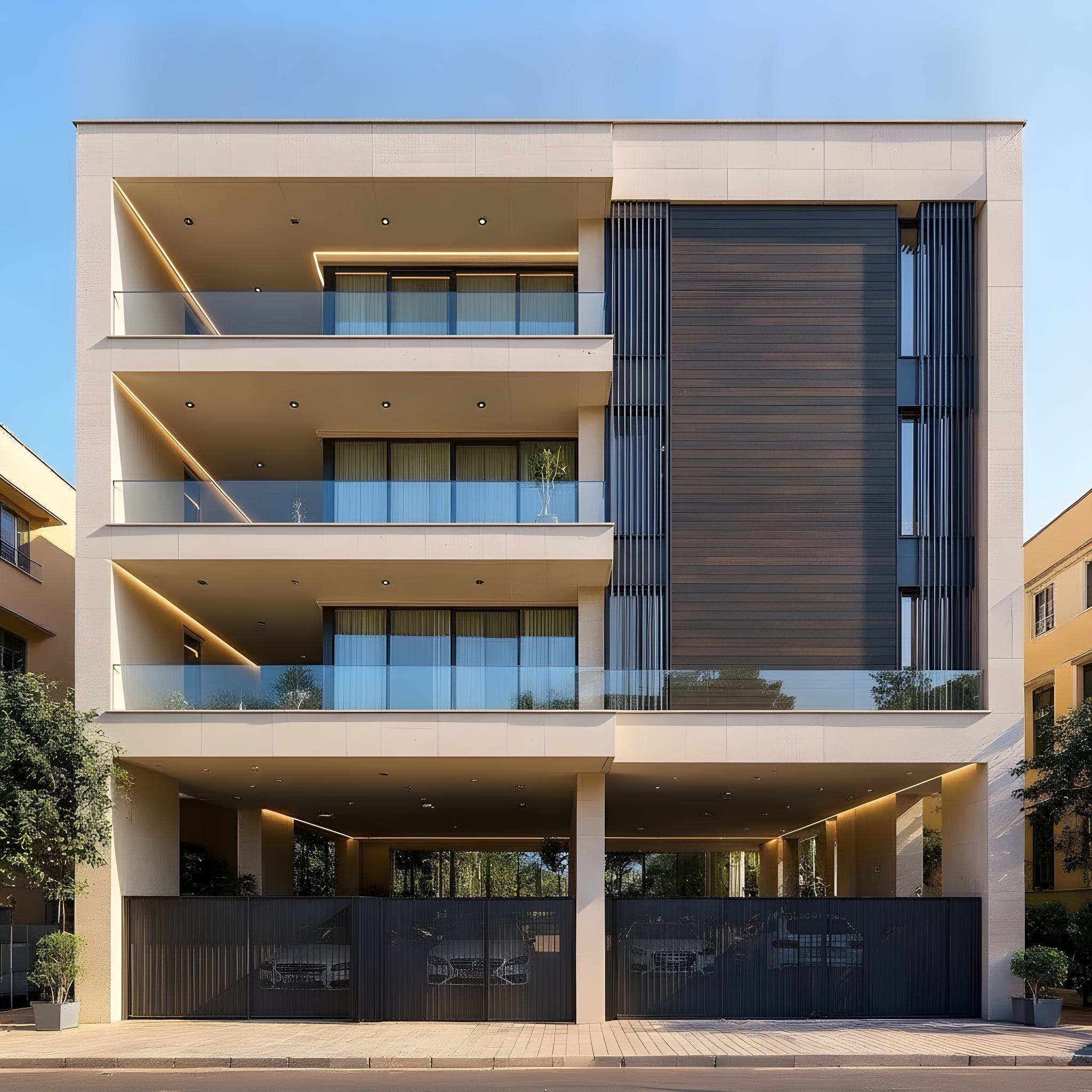 Modern Minimalist — Stilt+4 front elevation design for a 29–41 ft frontage Indian home