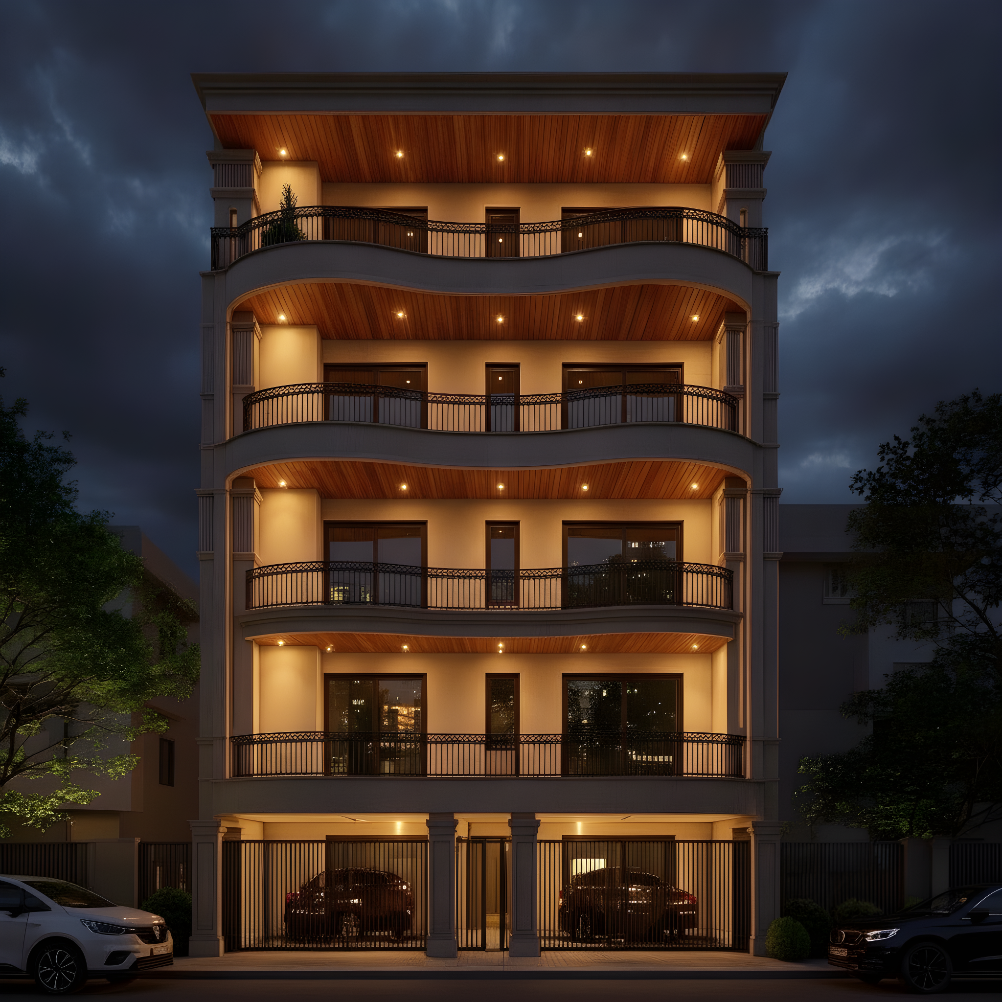 Warm Stone & Wood — Stilt+4 front elevation design for a 29–41 ft frontage Indian home