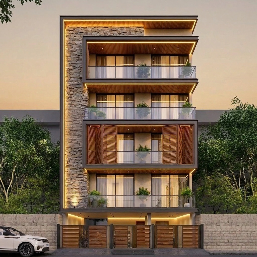 Swastik Niche — A — Stilt+4 front elevation design for a 29–41 ft frontage Indian home