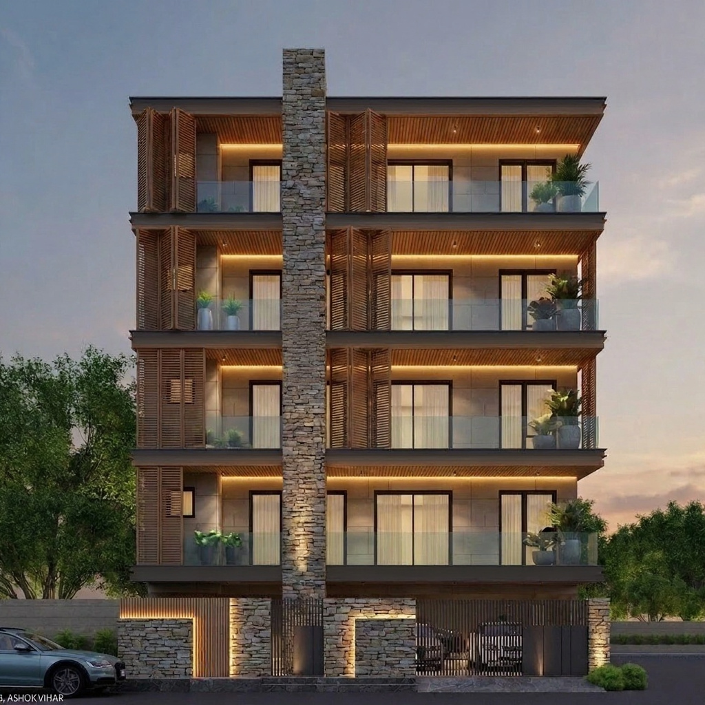 Swastik Niche — B — Stilt+4 front elevation design for a 29–41 ft frontage Indian home