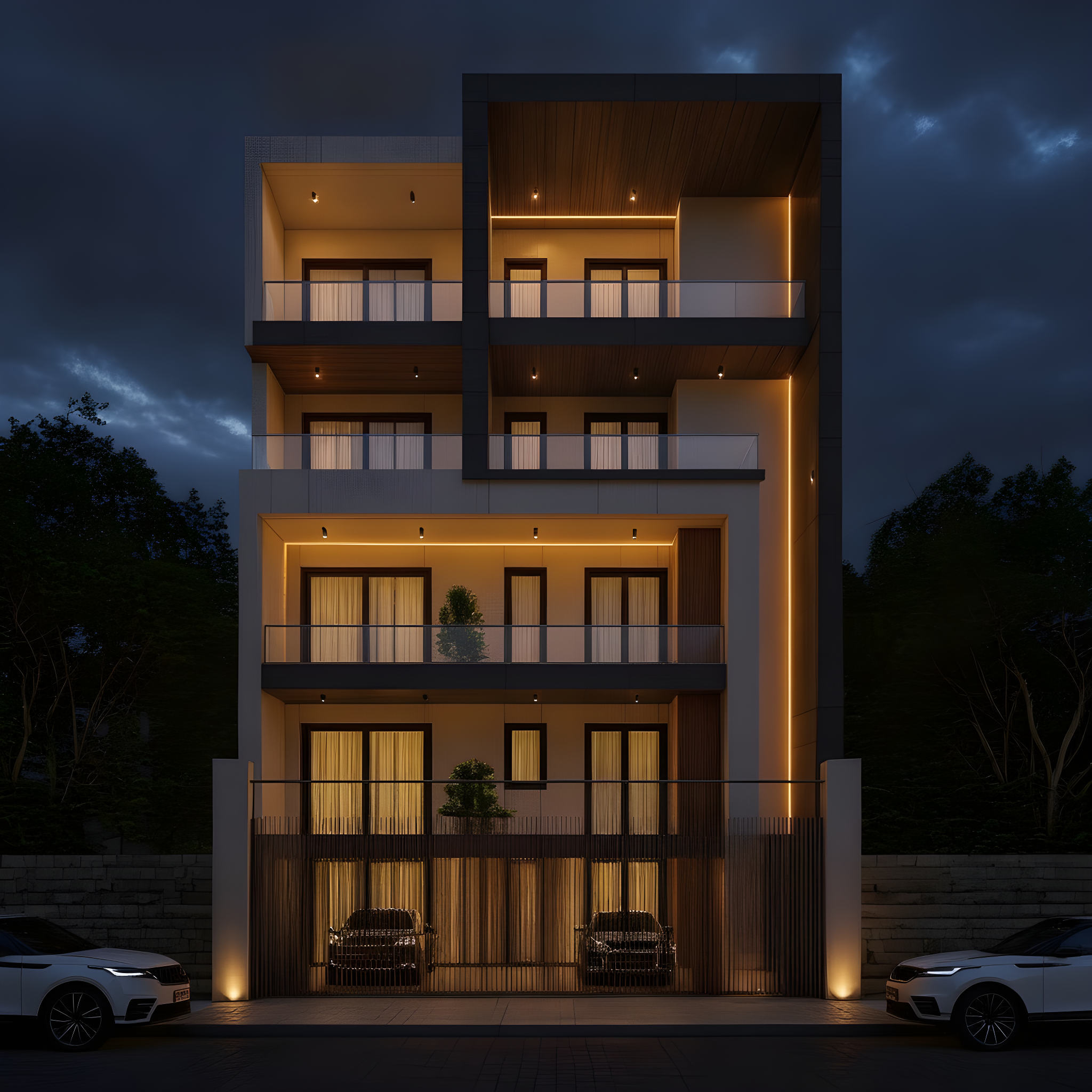 Asymmetric Volumetric — Stilt+4 front elevation design for a 29–41 ft frontage Indian home