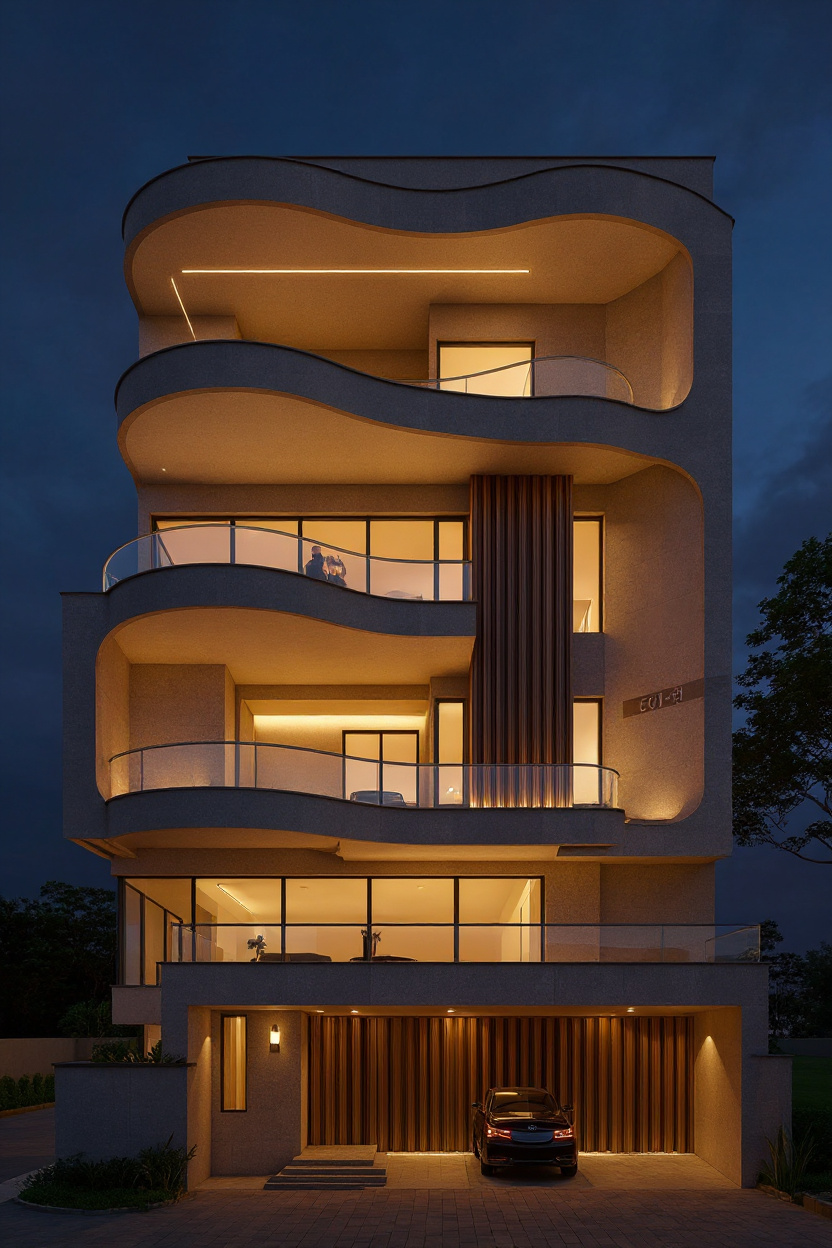 Organic Modern — Stilt+4 front elevation design for a 29–41 ft frontage Indian home