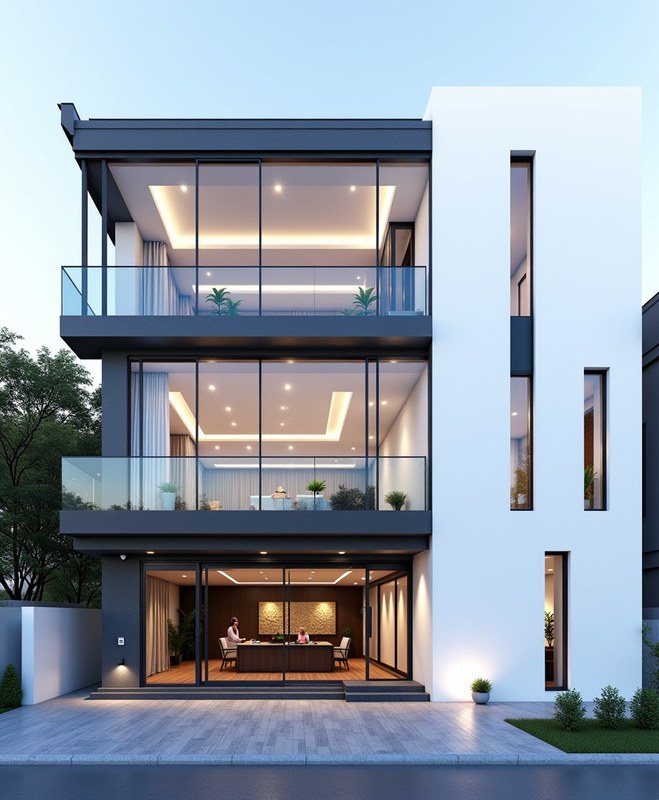 Glass Villa — Double-Height Corner Bay — G+3 front elevation design for a 29–41 ft frontage Indian home