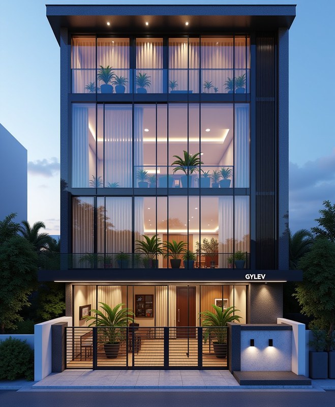 Glass Villa — Stilt+4 front elevation design