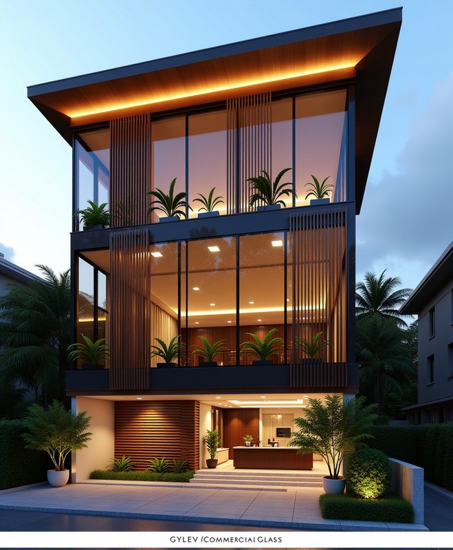 Glass Villa — Tinted Glass + Timber — Stilt+3 front elevation design