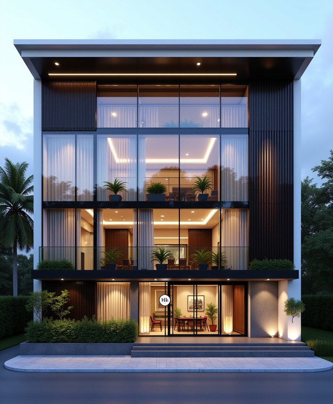 Modern Glass Villa — G+3 front elevation design