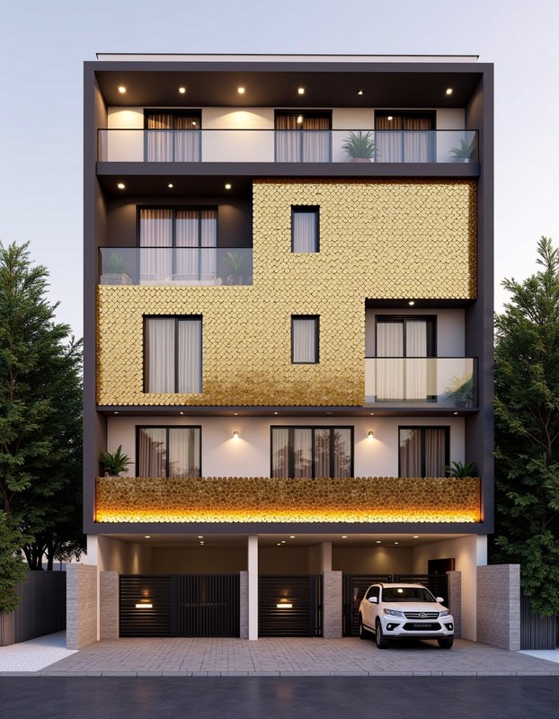 Gold-Mosaic Luxury Statement — Stilt+3 front elevation design