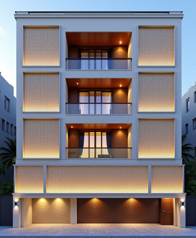 Indian Luxury — Jaali Screen + Courtyard — G+3 front elevation design