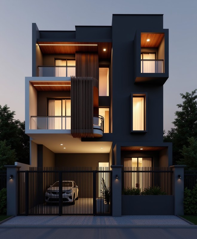Modern Contemporary — Charcoal + Wood — Stilt+3 front elevation design for a 29–41 ft frontage Indian home