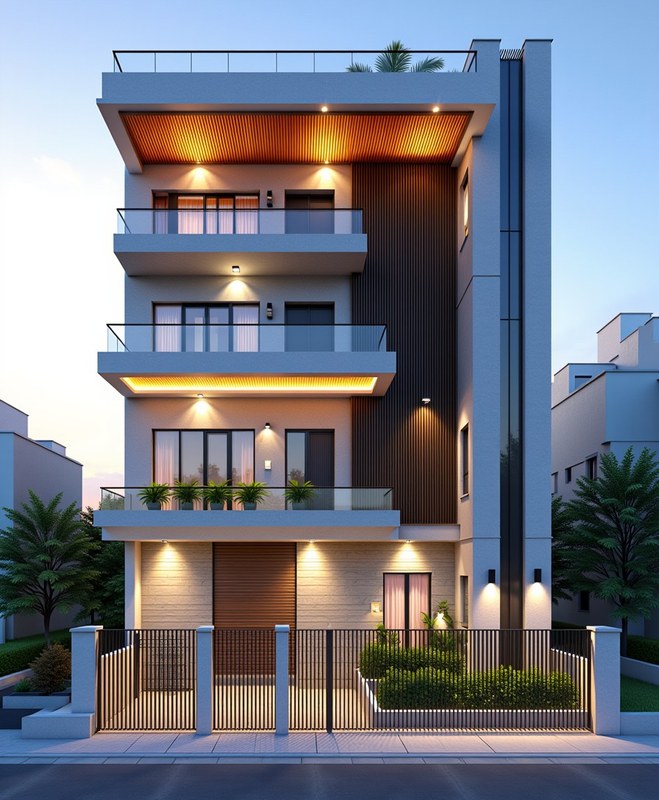 Modern Indian Luxury — Stilt+3 front elevation design