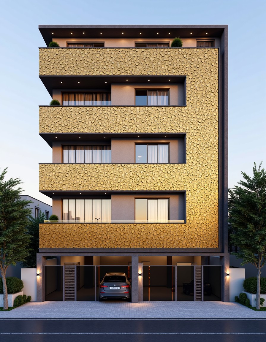 Parametric Coin Luxury — Stilt+3 front elevation design for a 29–41 ft frontage Indian home