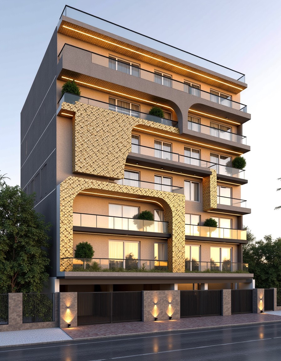 Parametric Coin Luxury — Stilt+4 front elevation design for a 29–41 ft frontage Indian home