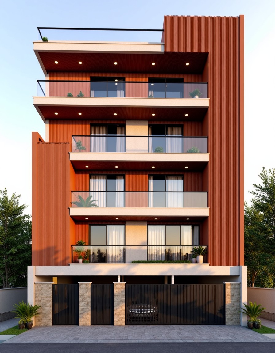 Terracotta Rainscreen — Stilt+4 front elevation design for a 29–41 ft frontage Indian home