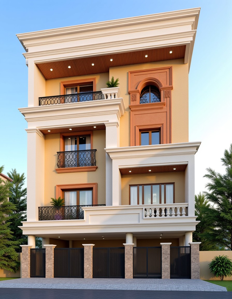 Tuscan Classic — Stilt+3 front elevation design for a 29–41 ft frontage Indian home