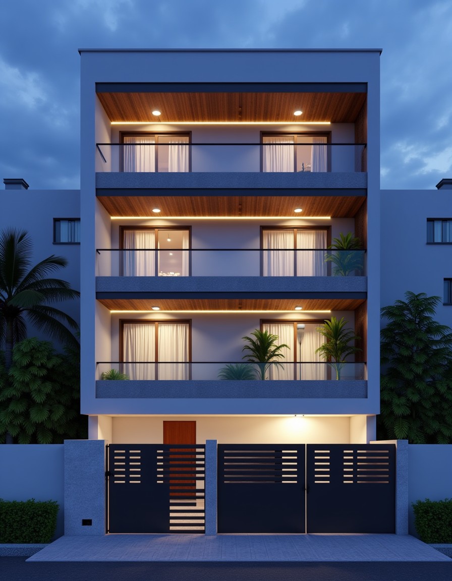 Contemporary Warm Minimalist — G+4 front elevation design for a 29–41 ft frontage Indian home