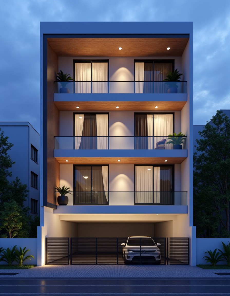 Contemporary Warm Minimalist — Stilt+2 front elevation design for a 29–41 ft frontage Indian home