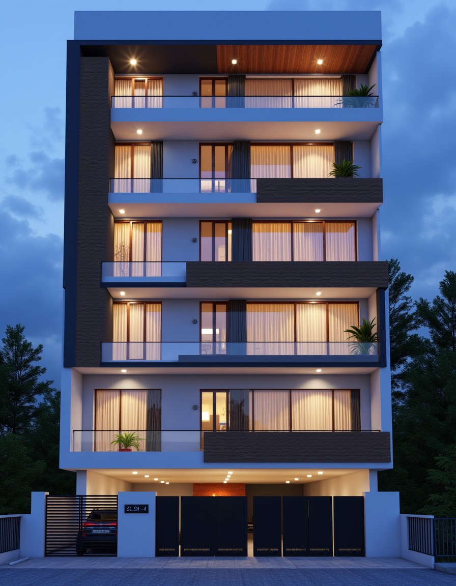 Contemporary Warm Minimalist — Stilt+4 front elevation design for a 29–41 ft frontage Indian home
