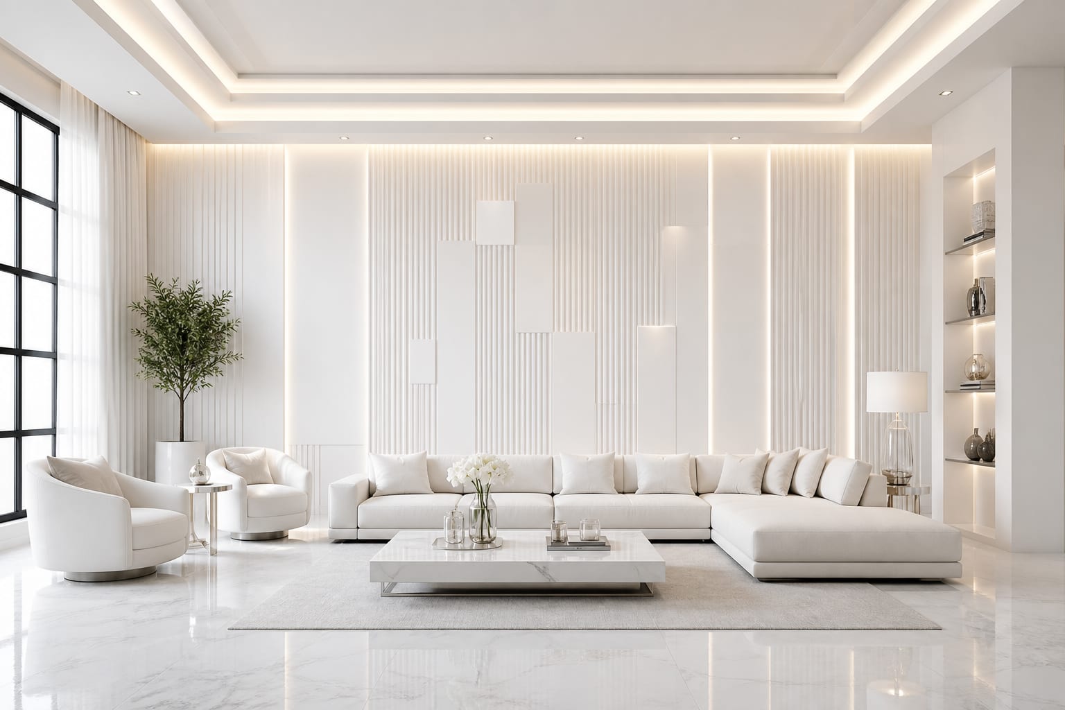 Luxury living room - All White - 3D panels