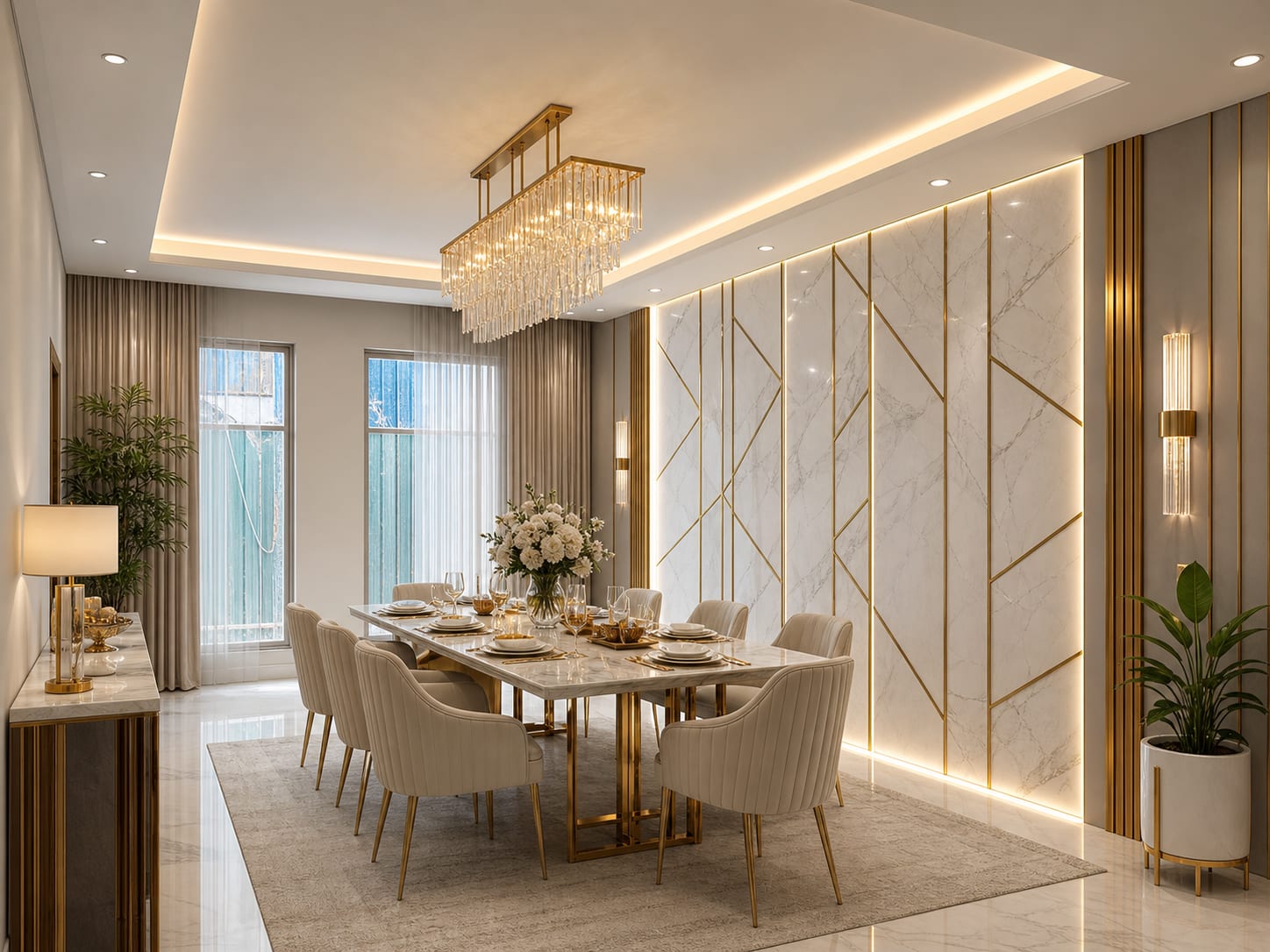 Luxury dining room - White Marble & Gold - 3D panels
